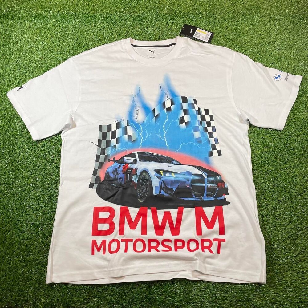 Puma BMW Motorsport T-Shirt with blue race car graphic flag lightning Size M